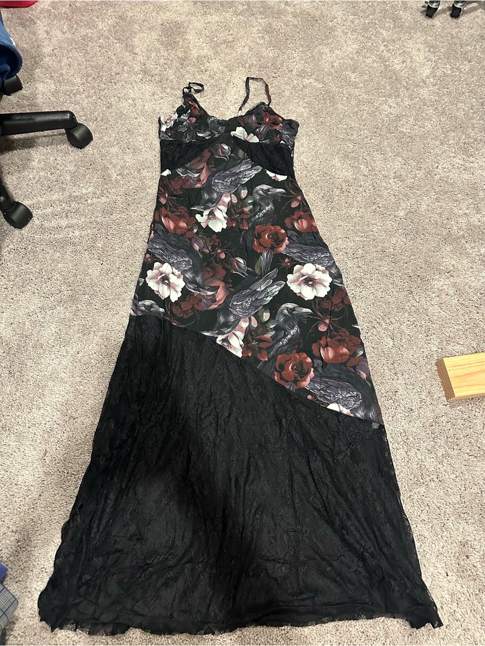 Floral Black Slip Dress with Lace Panel